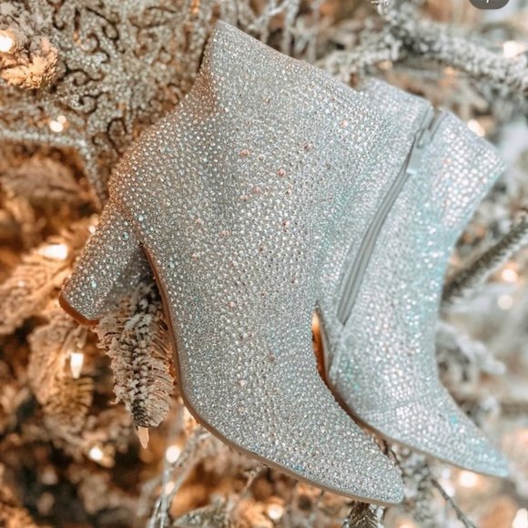 NEW🔥 Bling Silver Rhinestone Crystal Block Heel Ankle Booties Boots Pointed Toe - Picture 3 of 10